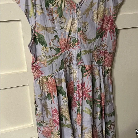 Greta Dress With Gold Dragon Flies And Floral Print. - Picture 3 of 4